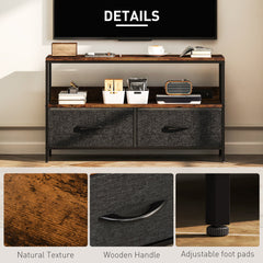 TV Stand with Charging Station, TV Table with 2 Foldable Linen Drawers and Open Shelf for 47 Inch Television, Black