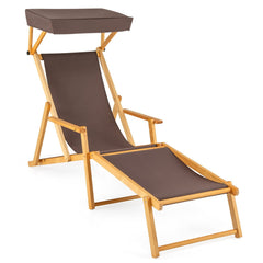 Birch Wood Folding Lounge Chair with Adjustable Canopy and Spare Fabric, Brown