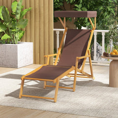 Birch Wood Folding Lounge Chair with Adjustable Canopy and Spare Fabric, Brown