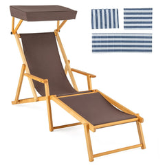 Birch Wood Folding Lounge Chair with Adjustable Canopy and Spare Fabric, Brown