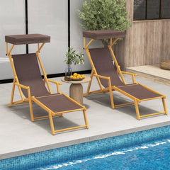 Birch Wood Folding Lounge Chair with Adjustable Canopy and Spare Fabric, Brown