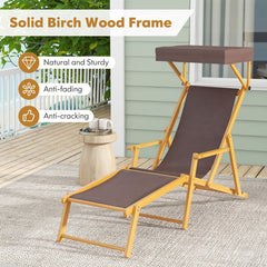 Birch Wood Folding Lounge Chair with Adjustable Canopy and Spare Fabric, Brown