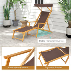 Birch Wood Folding Lounge Chair with Adjustable Canopy and Spare Fabric, Brown