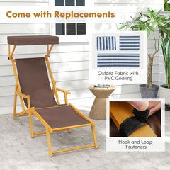 Birch Wood Folding Lounge Chair with Adjustable Canopy and Spare Fabric, Brown