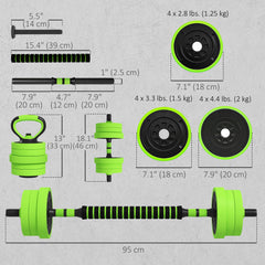 44lbs 4-in-1 Adjustable Weight Dumbbell Set, Barbell, Kettlebell, Push Up Stand, Green