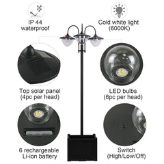 3-head LED Solar Light Lamp Street Light Post with Planter, Solar-powered Lamp Post, Black