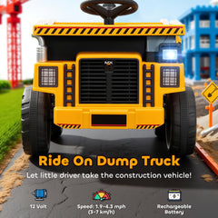 Kids Electric Car, Ride On Dump Truck, 12V Ride On Toy with Electric Dump Bed and Remote Control, Yellow