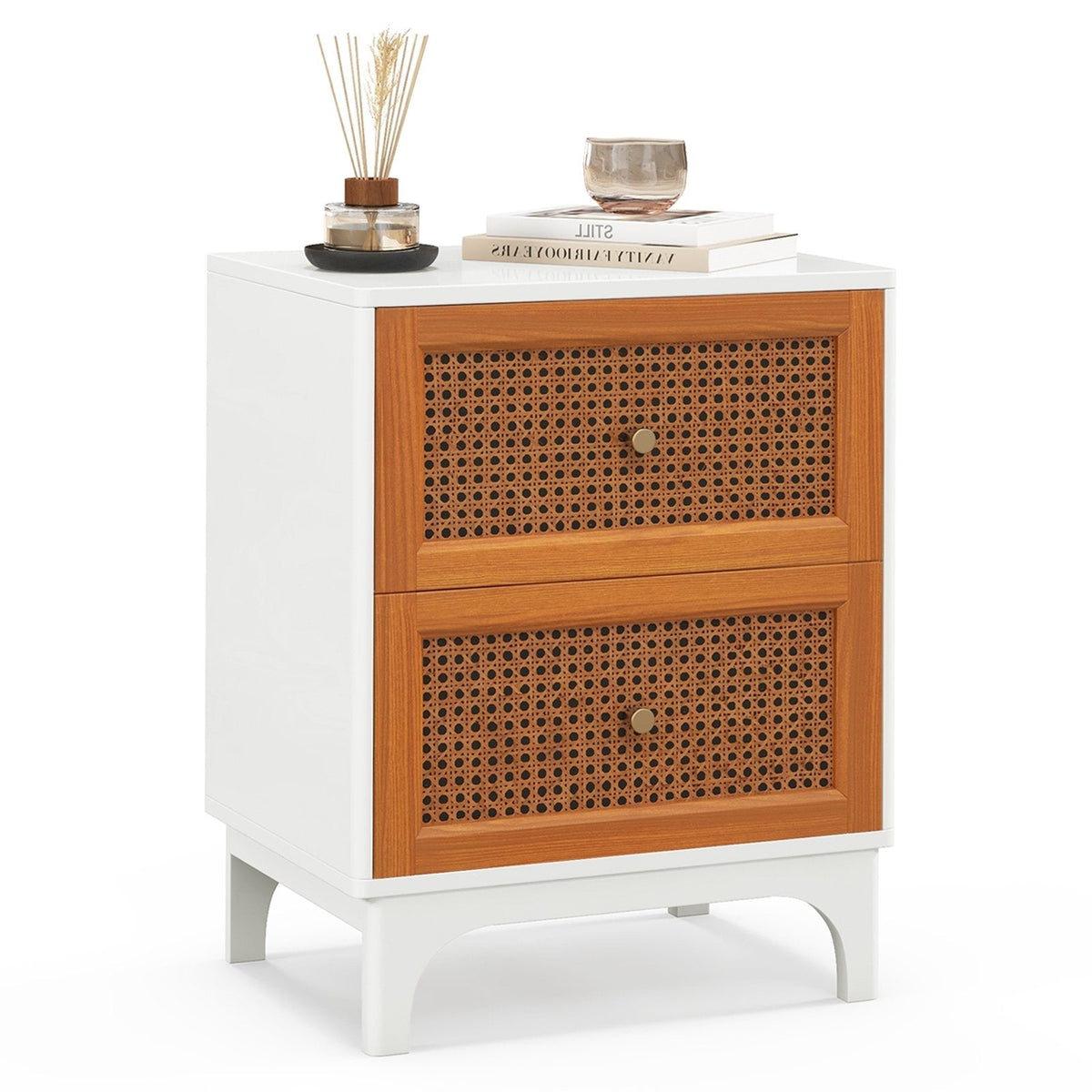 Boho Nightstand with 2 Handwoven Rattan Drawers, White