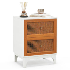 Boho Nightstand with 2 Handwoven Rattan Drawers, White