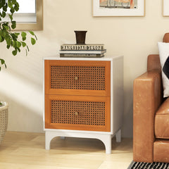 Boho Nightstand with 2 Handwoven Rattan Drawers, White