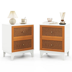 Boho Nightstand with 2 Handwoven Rattan Drawers, White
