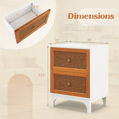 Boho Nightstand with 2 Handwoven Rattan Drawers, White