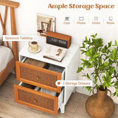 Boho Nightstand with 2 Handwoven Rattan Drawers, White