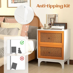 Boho Nightstand with 2 Handwoven Rattan Drawers, White