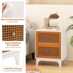 Boho Nightstand with 2 Handwoven Rattan Drawers, White