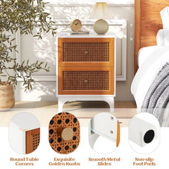 Boho Nightstand with 2 Handwoven Rattan Drawers, White