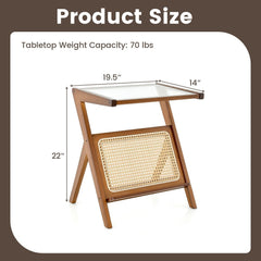 Boho End Table with Tempered Glass Top and Woven Rattan Magazine Rack