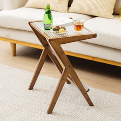 Boho End Table with Tempered Glass Top and Woven Rattan Magazine Rack