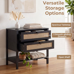 Boho Rattan Nightstand with 2 Drawers and Bottom Open Shelf-Black