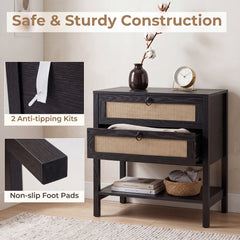 Boho Rattan Nightstand with 2 Drawers and Bottom Open Shelf-Black