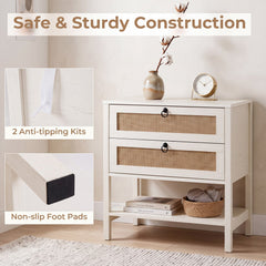 Boho Rattan Nightstand with 2 Drawers and Bottom Open Shelf-White
