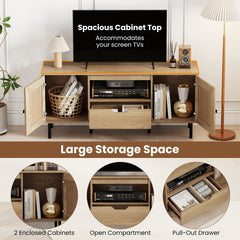 Boho TV Stand for 60 Inch TV Entertainment Center with Cabinets and Storage Shelf-Natural