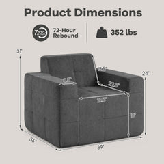 Charcoal Boneless Cloud Armchair, 39 in Wide with 8.5 in Armrests and an 18 in Seat, Rated 352 lb