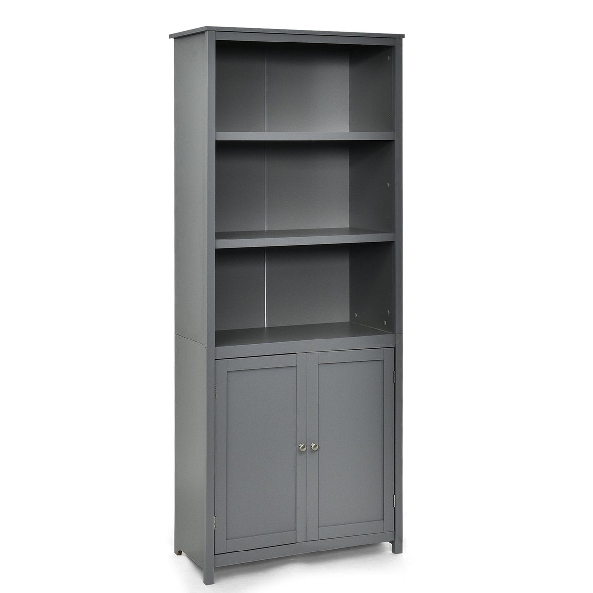 Tall Bookcase with 3 Open Shelves and a 2 Door Cabinet, Grey