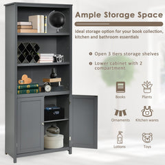Tall Bookcase with 3 Open Shelves and a 2 Door Cabinet, Grey