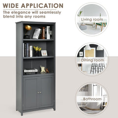 Tall Bookcase with 3 Open Shelves and a 2 Door Cabinet, Grey
