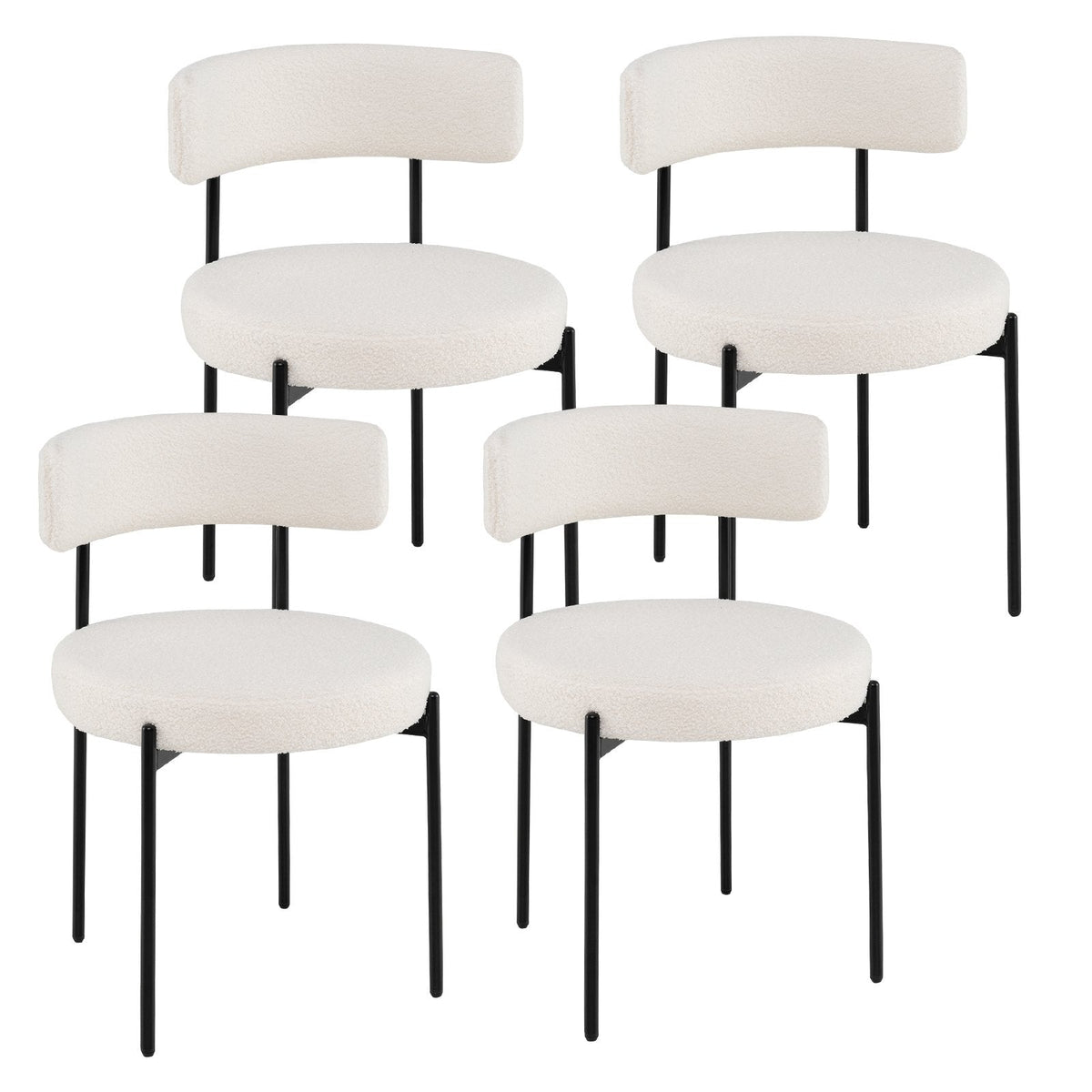 Set of 4 Cream Boucle Style Dining Chairs with 20.5 Inch Round Seats, Curved Backs and Black Metal Legs