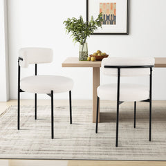 Set of 4 Cream Boucle Style Dining Chairs with 20.5 Inch Round Seats, Curved Backs and Black Metal Legs
