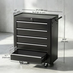 5 Drawer Roller Tool Chest, Lockable Toolbox, Storage Organizer with Handle for Workshop Mechanics Garage, Black and Red