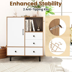 Buffet Sideboard Mid Century Modern Storage Cabinet with 4 Drawers and Open Compartment-Natural