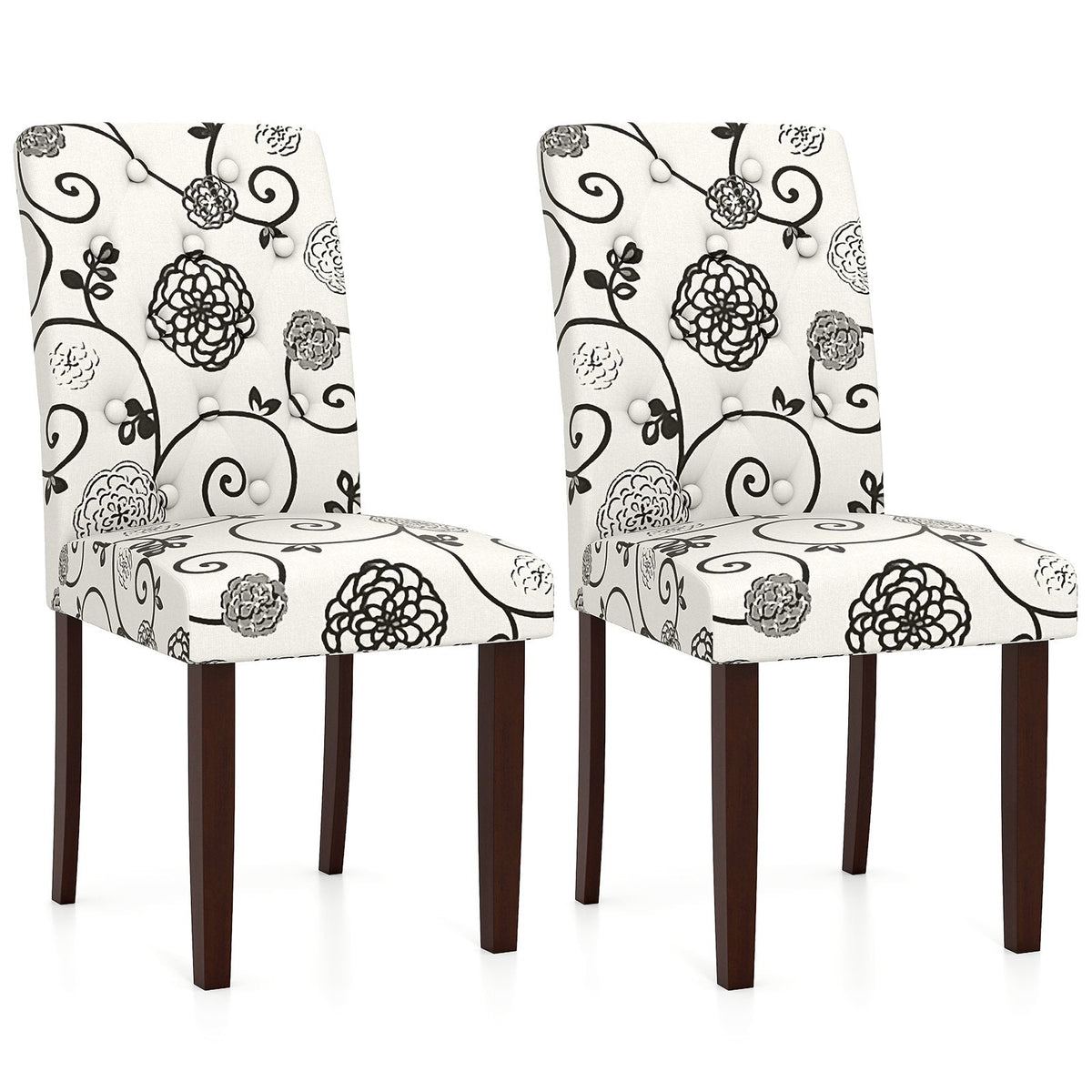 Set of 2 Button Tufted Dining Chairs, Cream with Black Floral Print, 5.5 Inch Sprung Seat and High Curved Back