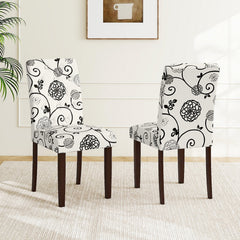 Set of 2 Button Tufted Dining Chairs, Cream with Black Floral Print, 5.5 Inch Sprung Seat and High Curved Back