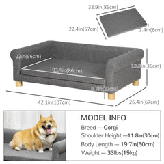 Modern Pet Sofa Cat or Medium Large Dog Bed W/ Removable Seat Cushion, Dark Grey