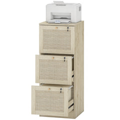 2 Drawer Filing Cabinet with Lock, Boho File Cabinet for A4 Letter Size Files with Decorative Rattan Accents, Oak
