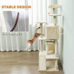54" Cat Tree, Multi-Level Cat Tower with Scratching Posts, Cat Condos, Bed, Platforms, Ramp, Toy Ball, Beige