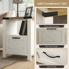 Side Table with Storage, Farmhouse End Table with Drawer, Open Shelf and Barn-style Panel, Nightstand for Living Room, Bedroom, Oak
