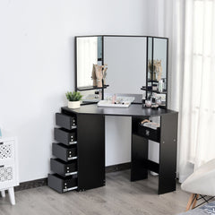 Corner Vanity Desk with Mirror, Makeup Vanity Table with 5 Drawers and Open Shelves, Dressing Table with 3-piece Mirror for Bedroom, Black