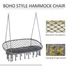 Patio Hammock Chair 2 Seat, Hanging Rope Hammock Swing Chair with Metal Frame and Cushion, Large Macrame Seat for Indoor and Outdoor 396 lbs Capacity, Dark Grey