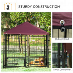Outdoor Dog Kennel, Lockable Pet Playpen Crate, Welded Wire Steel Fence, Rotating Bowl Holders, Red