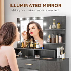 Illuminated Dressing Table Set, LED Vanity Table Set with Stool, LED Mirror, Drawer and Cabinet Shelves for Bedroom
