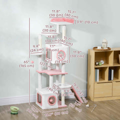 65 Inch Cat Tree with 2 Doors Condos, Plush Top Perch, Hammock, Sisal Scratching Posts, 4 Pompoms, Ramp, Grey