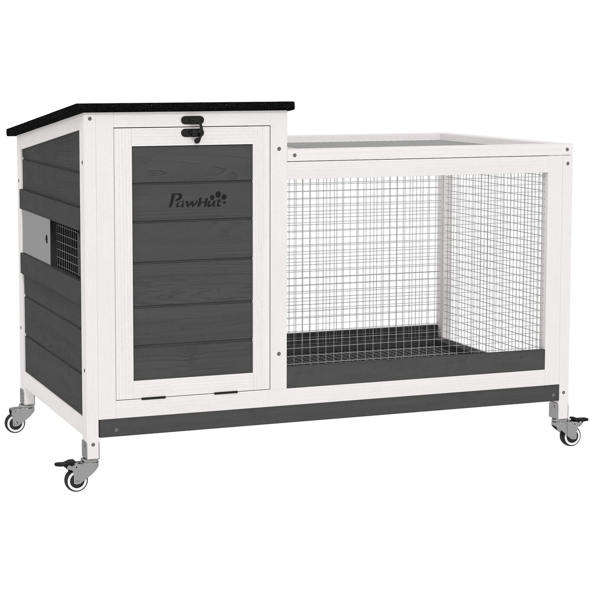 Wooden Rabbit Hutch with Pull-Out Tray, Asphalt Openable Roof, Small Animal Cage on Wheels with Run, Grey
