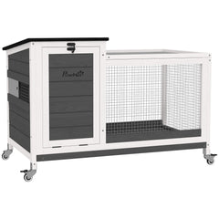 Wooden Rabbit Hutch with Pull-Out Tray, Asphalt Openable Roof, Small Animal Cage on Wheels with Run, Grey
