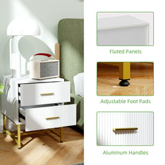 2 Pieces Nightstands with Storage, Modern Bedside Tables with 2 Fluted Drawers and Gold Legs for Bedroom, Black