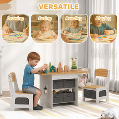 3 Piece Kids Table and Chair Set with 6 Removable Drawers, for Classroom, Living Room, Bedroom, Nursery, Light Grey