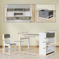Kids Table and Chairs Set, Toddler Art Table and Chair Set with Paper Roll, Storage Shelves and Drawers, Grey